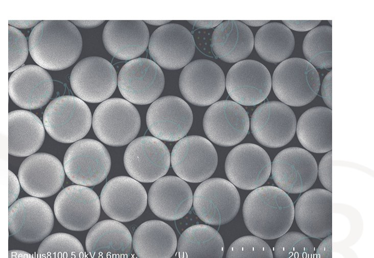 Electron micrograph of polystyrene microspheres