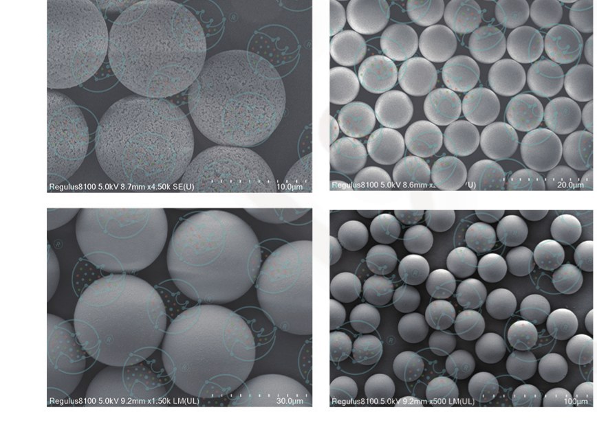 Scanning electron micrographs of polymer reversed-phase media at different particle sizes